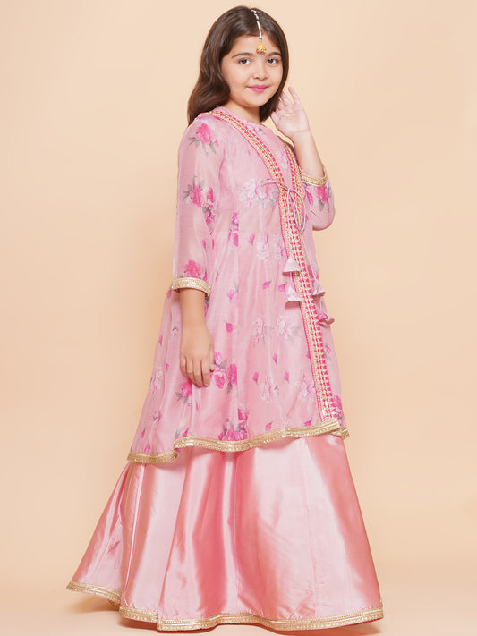 Girls Pink Floral Printed Shrug & Ready to Wear Lehenga With Blouse.