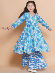 Girls Blue Floral Printed Angrakha Kurta with Sharara