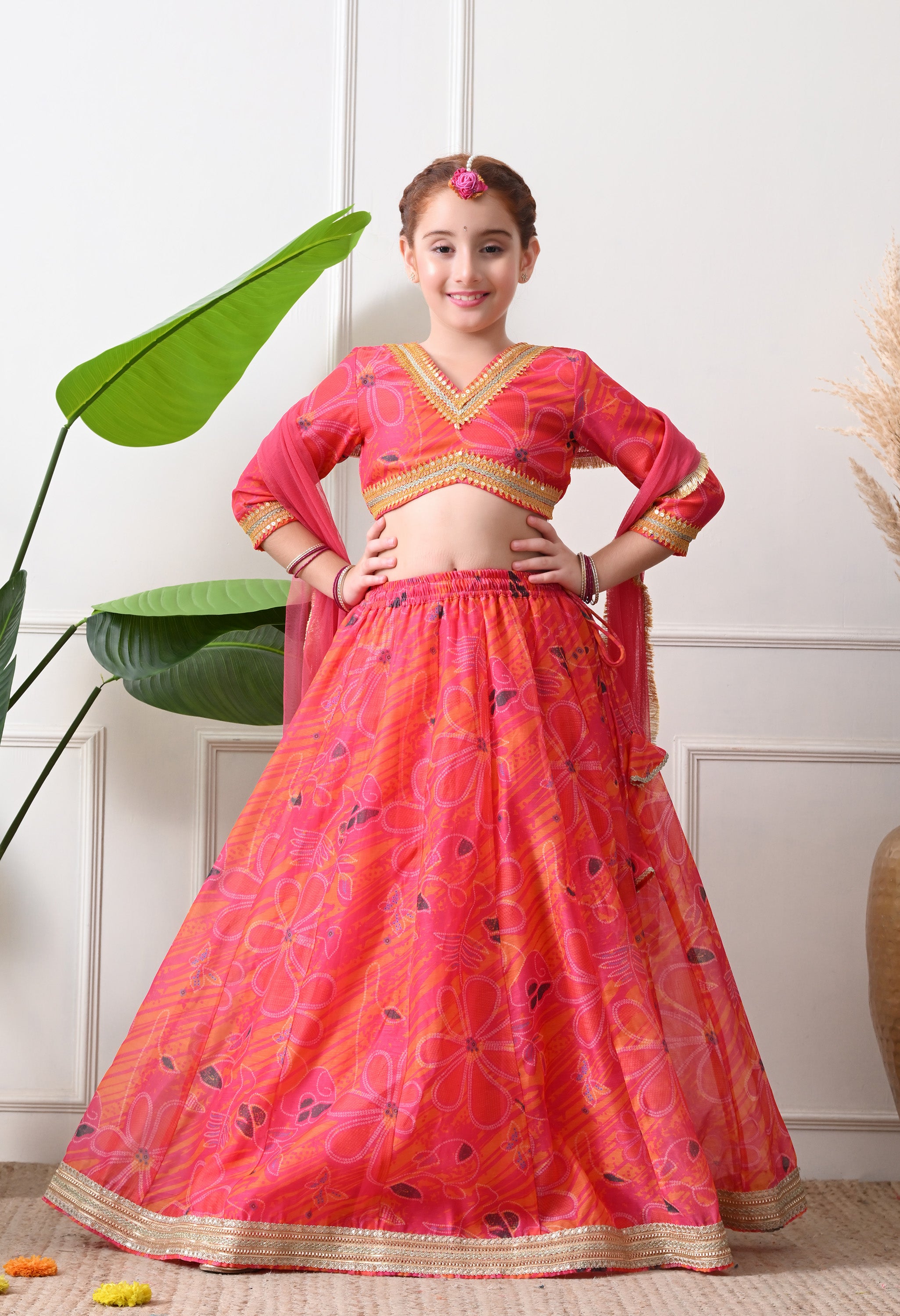 Girls Pink Printed Lehenga Choli Set with Dupatta Festive Ethnic Wear