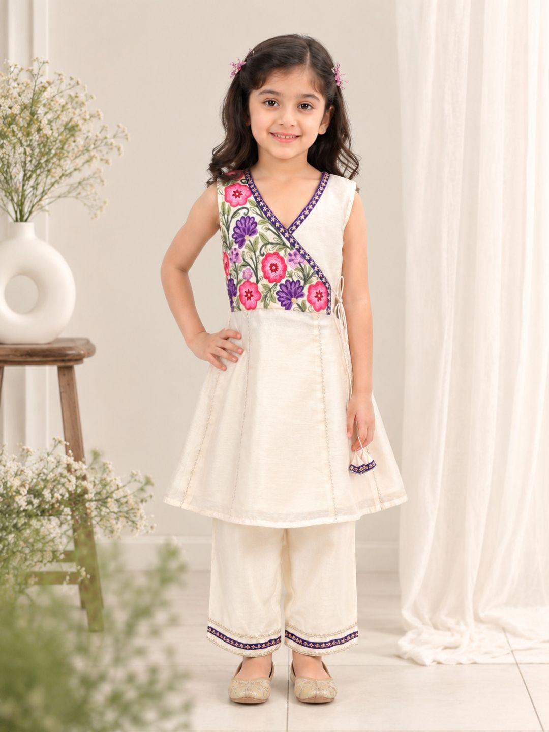 Girls Off White Embroidered Kurta With Farsi Salwar