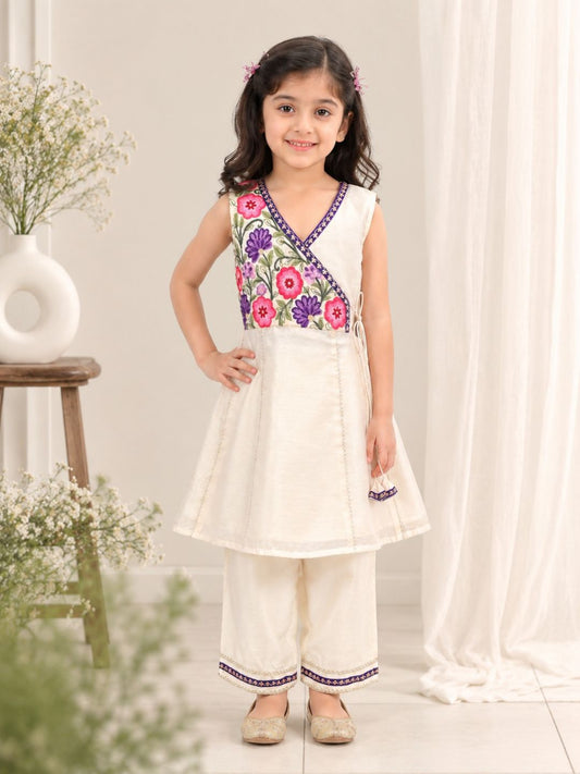 Girls Off White Embroidered Kurta With Farsi Salwar