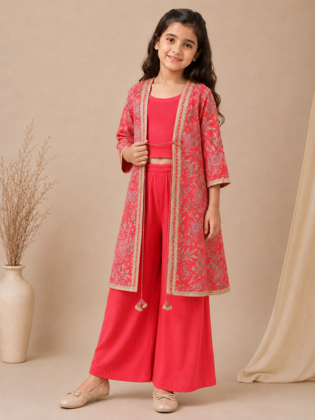 Girls Red Top With Matching Plazzo & Printed Jacket