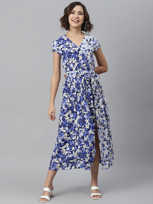 Women's Purple & White Printed Wrap Dress with Contrast panel