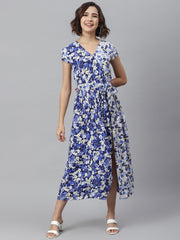 Women's Purple & White Printed Wrap Dress with Contrast panel