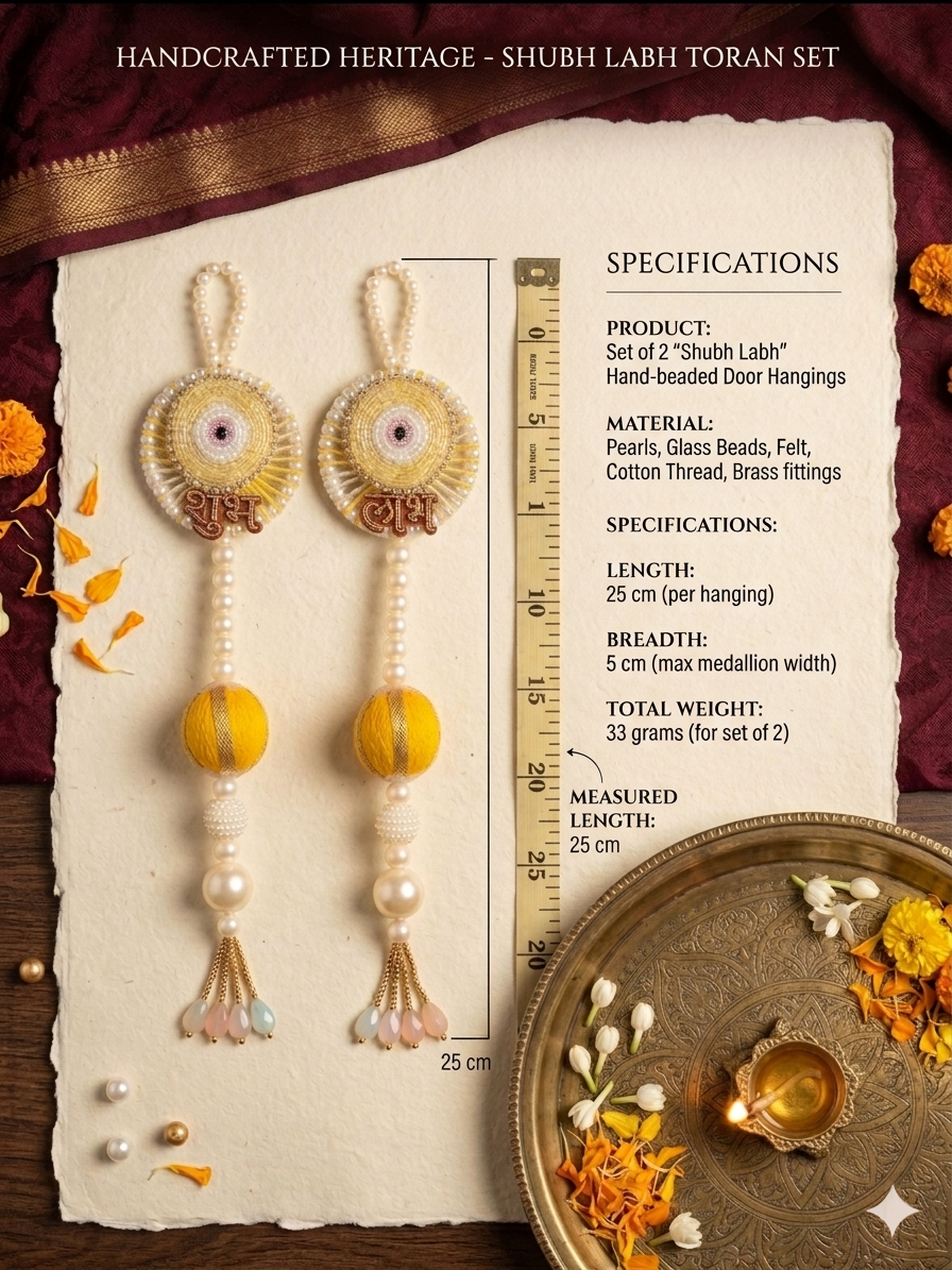 Shubh Shringar Creations Shubh Laabh Beaded Door Hanging, Yellow, Handcrafted, 25x5 cm,1 Pair(Small Size)