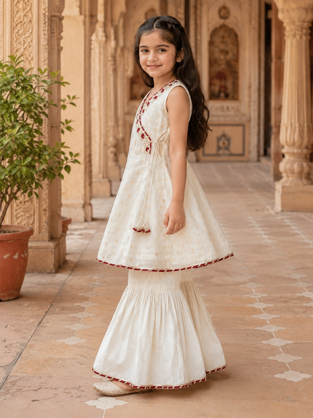 Girls Off White Kurta With Sharara