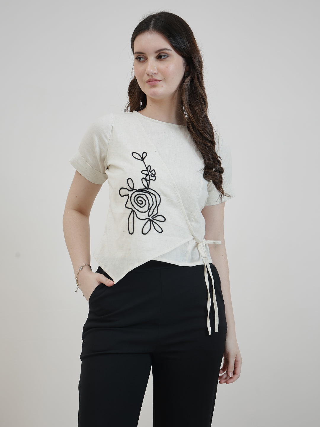 Women Round Neck Floral Embroidered Tie-Ups Detail Cotton Crop Top