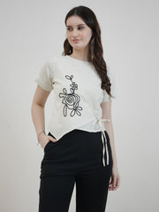 Women Round Neck Floral Embroidered Tie-Ups Detail Cotton Crop Top