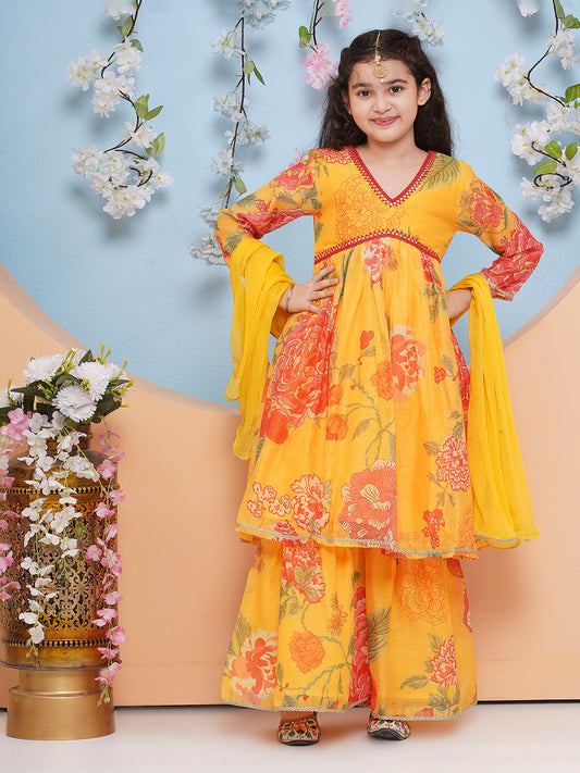 Girls Yellow Floral Printed Alia Design Kurta With Sharara With dupatta
