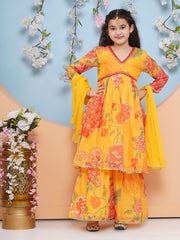 Girls Yellow Floral Printed Alia Design Kurta With Sharara With dupatta