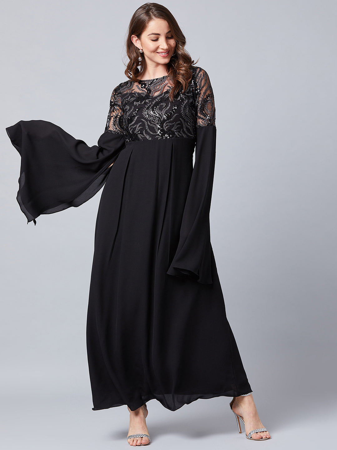 Black Embellished Slit Sleeves Maxi Dress
