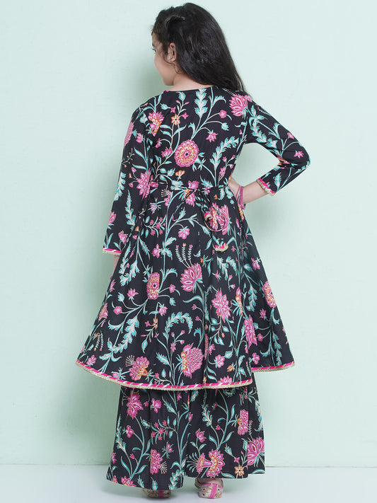 Girls Black Floral Printed Angrakha Kurta with Sharara