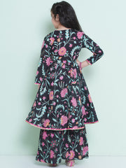 Girls Black Floral Printed Angrakha Kurta with Sharara