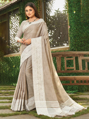 Linen Cotton Saree with Intricate Woven Border & Contrast Pallu | Soft Lightweight Traditional Drape | Tassel Edge | Unstitched Blouse Piece