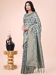 Graceful Pink Lichi Silk Saree with Contrast Blue Woven Border & Floral Zari Design – Wedding & Festive Wear