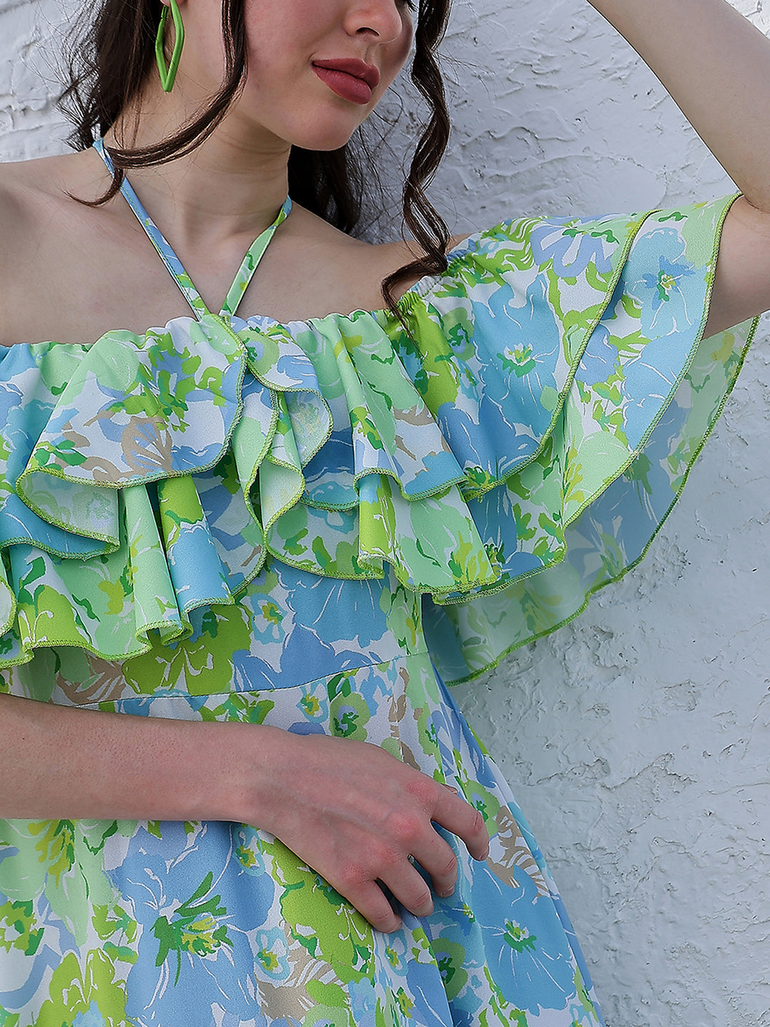 Green Floral Printed Halter Neck Tiered Gathered Crepe Maxi Midi Dress