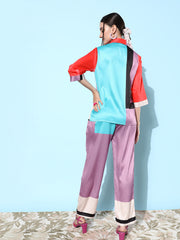 Women's Multi color Satin Shirt and Trousers Co-ord Set