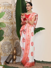 Premium Woven Linen Cotton Saree with Traditional Zari Border – Elegant Festive Look Perfect for Durga Puja, Navratri & Bengali Celebrations
