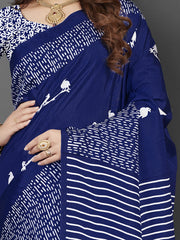 ساري نسائي من الحرير الأزرق المطبوع بتصميم دولا مع قطعة بلوزة