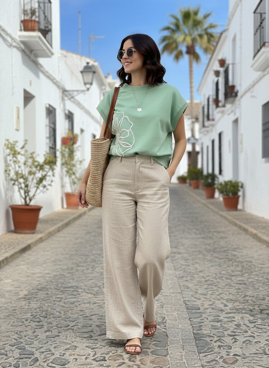 Green Floral Embroidered Top