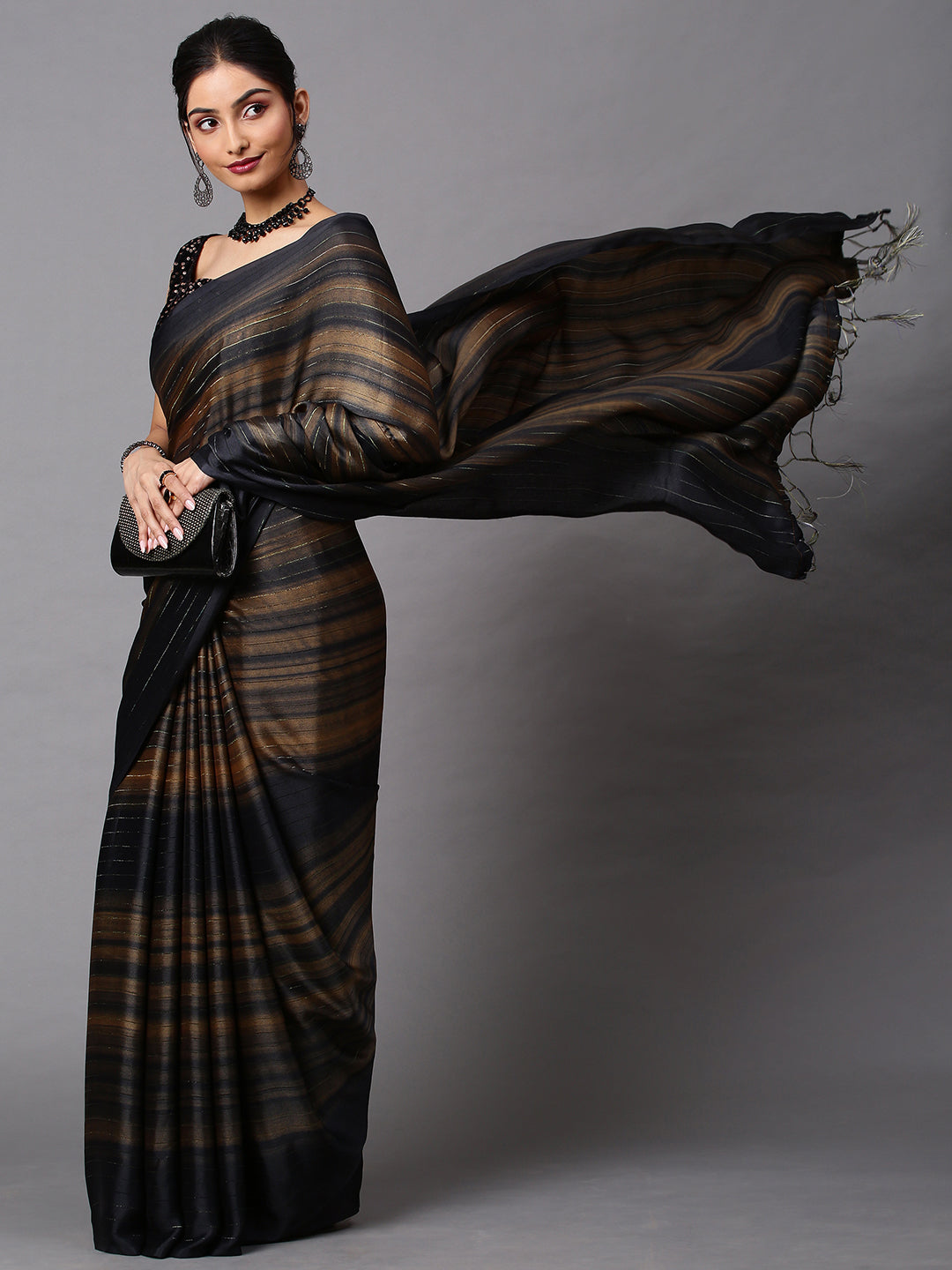 Women's Poly Georgette Black Solid DesignerSaree With Blouse Piece