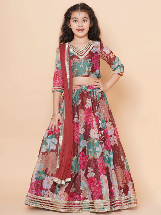 Girls Maroon Digital Multi Flower Printed Choli Lehenga with Maroon Dupatta