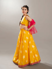Girls Yellow Jacquard Booti Ready to Wear Lehenga & Choli with Dupatta