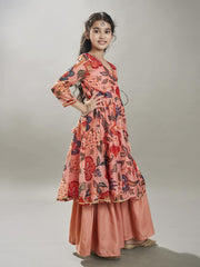Girls Peach Floral Printed Kurta With Sharara