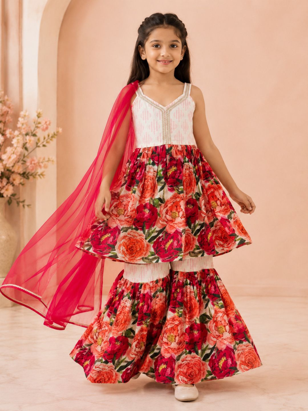 Girls Floral printed Kurta with Sharara and Red Dupatta