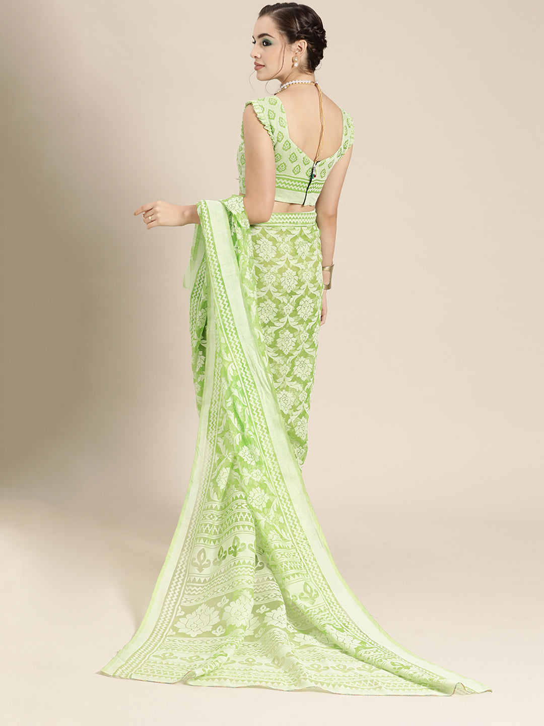 Women's Brasso Green Printed DesignerSaree With Blouse Piece