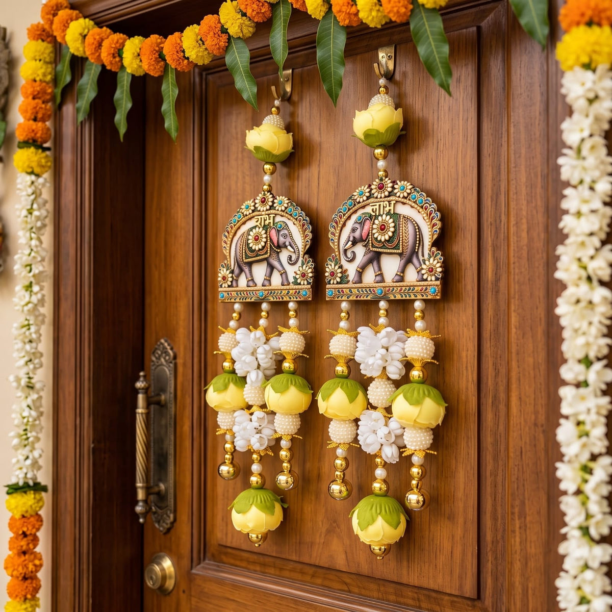 Shubh Labh Elephant Door Hanging, MDF Wood, 14Inc Yellow and gold