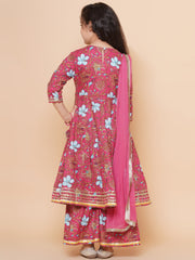cotton Woven Three-Quarter Sleeves Floral Print Flared Kurta And Sharara With Dupatta Set - Pink