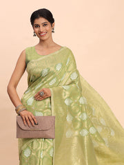 Sky Blue Linen Cotton Saree with Silver Zari Weave & Tassels – Festive & Elegant Office Wear
