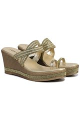 Gold Casual Wedge Open Back 3 inches Wedge Heels