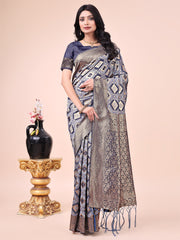 Graceful Pink Lichi Silk Saree with Contrast Blue Woven Border & Floral Zari Design – Wedding & Festive Wear