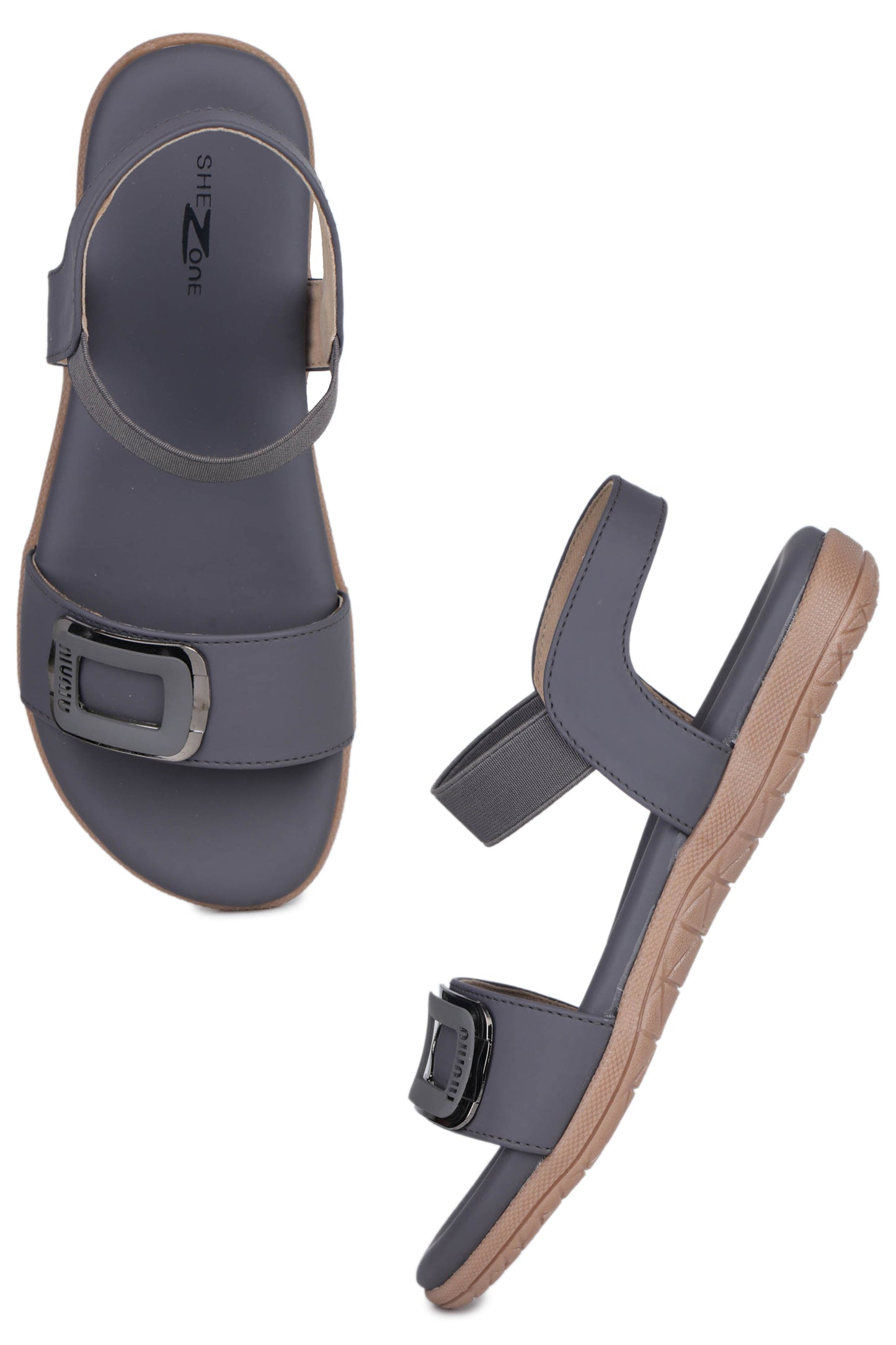Casual Grey One Toe Flats Round Toe Ankle Loop Flats