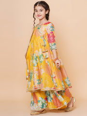 Silk blend Woven Three-Quarter Sleeves Floral Print Flared Kurta And Sharara With Dupatta Set - Yellow