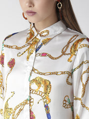 Women's White and Golden Animal Chain Print Shirt