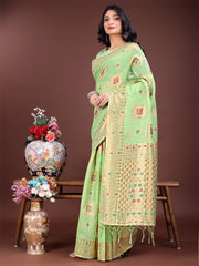 Elegant Sky Blue Linen Saree with Intricate Woven Patterns – Lightweight Grace for Everyday and Festive Moments