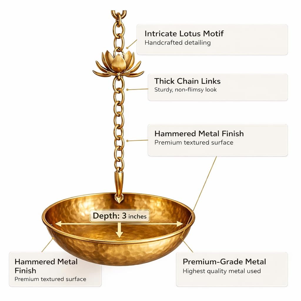 Metal Hanging Urli/Uruli Bowl (8 inch) with Chain, Petal Design, for Floating Flowers & Tealights, Entrance/Main Door & Mandir Pooja Décor