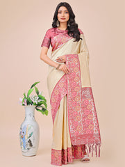 Premium Pink & Sky Blue Floral Woven Lichi Silk Saree with Rich Pallu & Tassels – Festive & Party Wear for Women