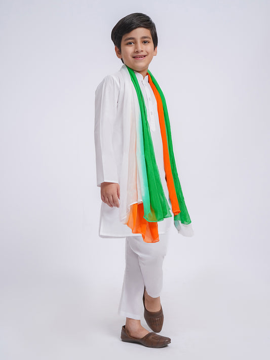 Boys' White Pure Cotton Kurta, Pyjama & Dupatta Set