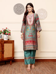 Women Green Round Neck Gotta Lace Detailed Ethnic Printed , Three Quarter Sleeve Straight Kurta  With Tonal Bottom With Lace Detailing