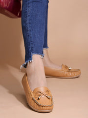 Shoetopia Stylish Bow Detailed Tan Loafers For Women & Girls