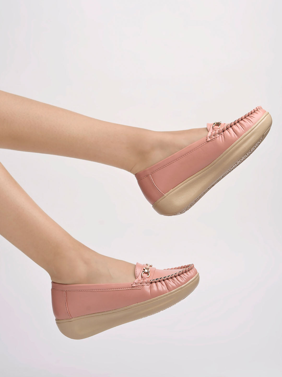 Shoetopia - Upper Metalic Buckle Detailed Peach Loafers For Women & Girls