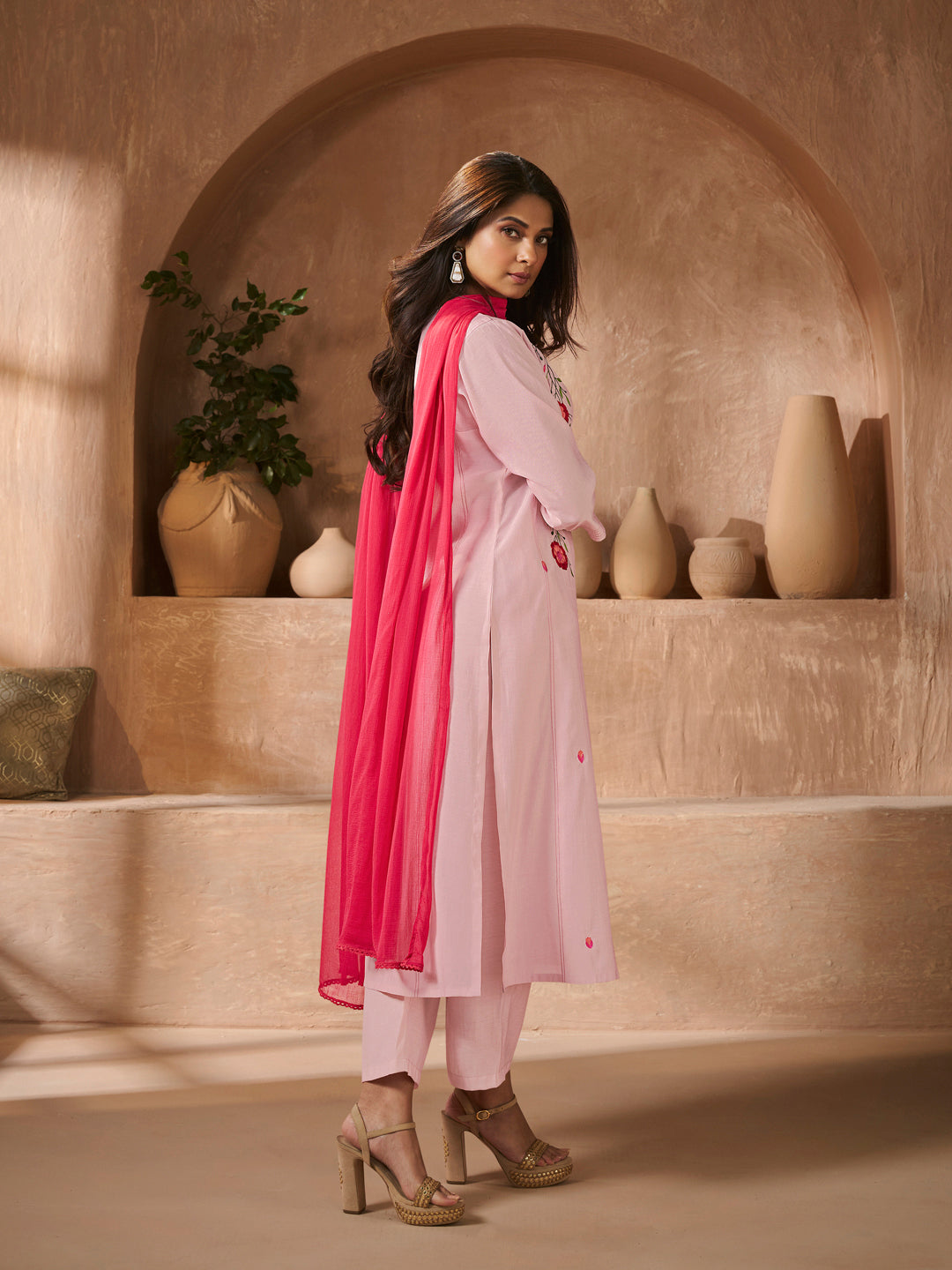 Peach Floral Embroidery Kurta Set with Dupatta
