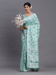 Sky Blue Linen Cotton Saree with Multicolor Elephant & Temple Motifs – Traditional Woven Pallu & Tassels
