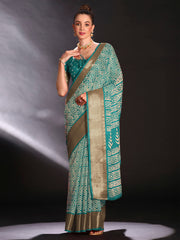 Women's Art Silk Light Blue Printed Designer Saree With Blouse Piece