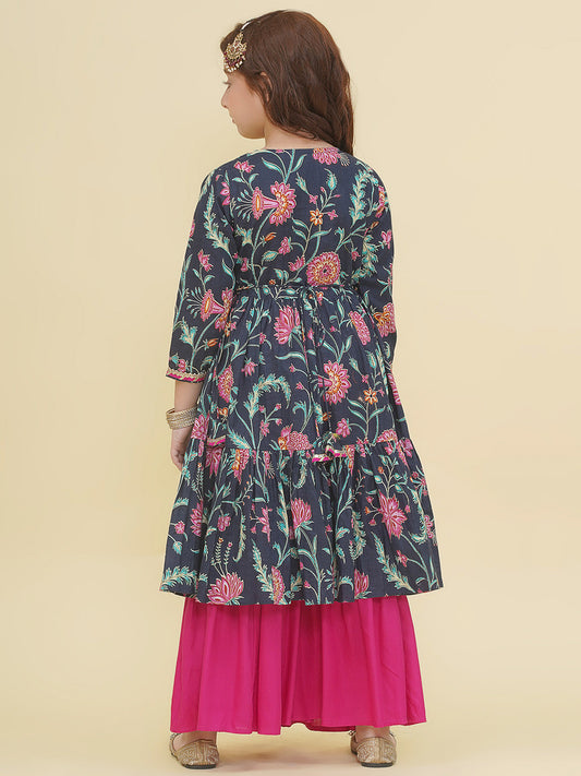 Girls Blue Pink Floral Printed Angrakha Kurta with Sharara