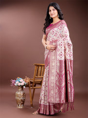 Graceful Cream & Pink Linen Cotton Saree with Rich Zari Pallu – A Touch of Royal Comfort